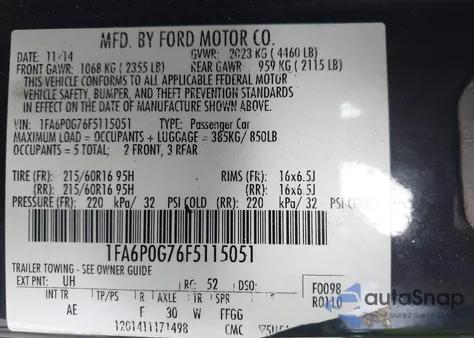 2015 Ford Fusion S from USA, damaged, VIN 1FA6P0G76F5115051